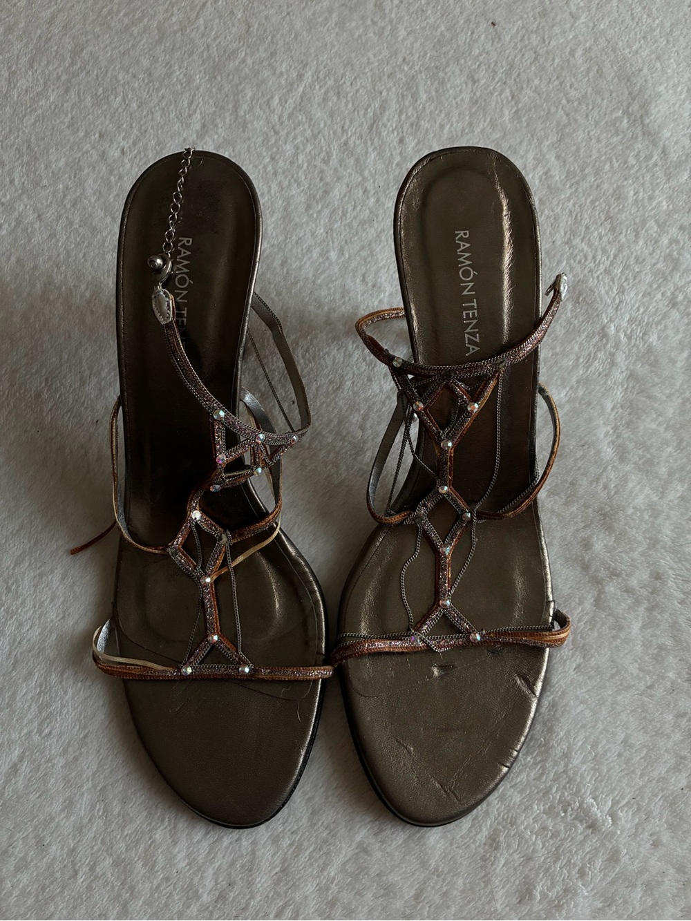 Ramon Tenza Metallic Bronze Strappy Gem Embellished Heels